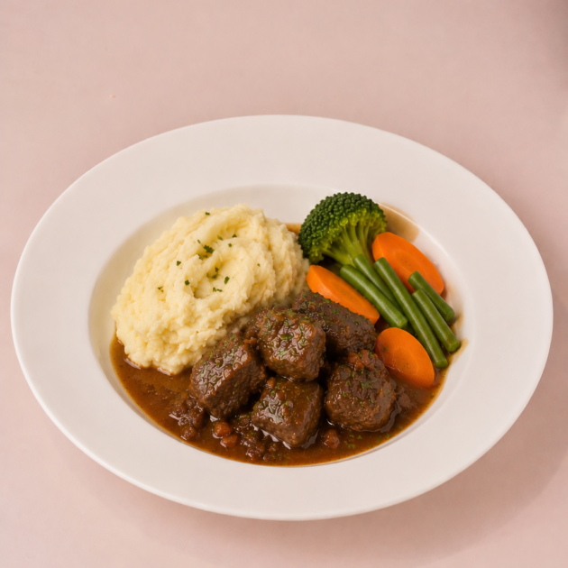 Beef Bourguignon with Mash and Vegetables